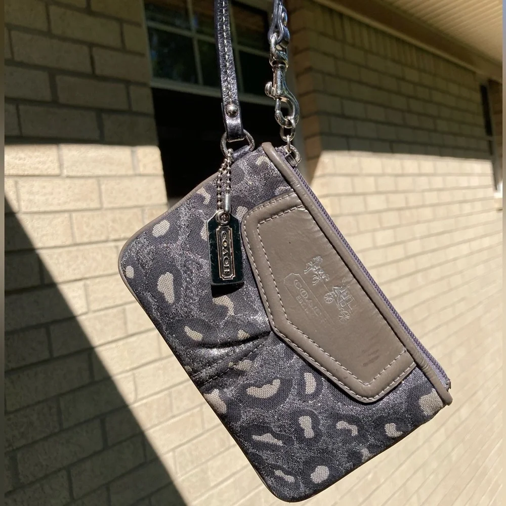 Coach Metallic Silver Glitter Sparkle Leopard Print Zipper Pouch Wristlet Wallet